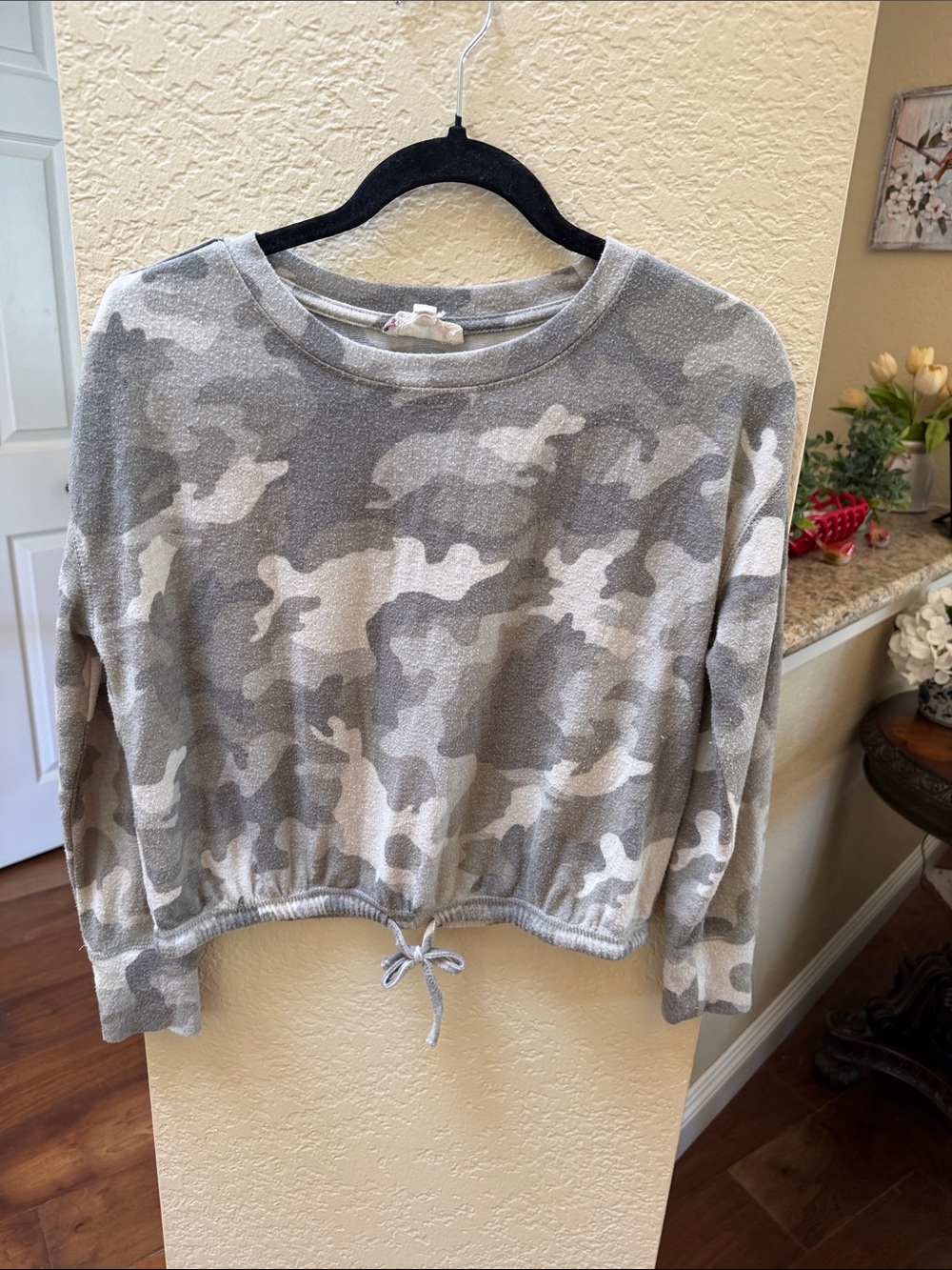 Casual Crewneck Drawstring Hem Camo Pullover - Green